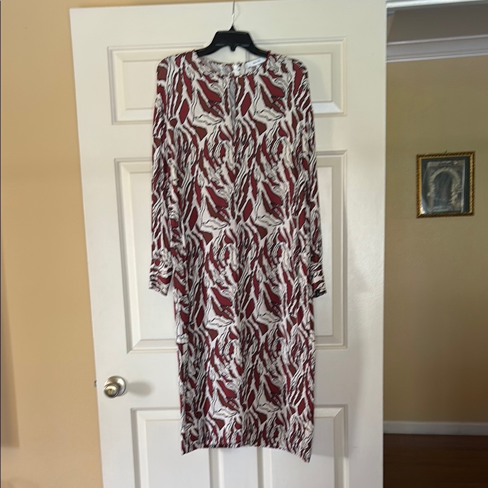 Reiss Red and White Sheath Dress with Bishop Sleeves